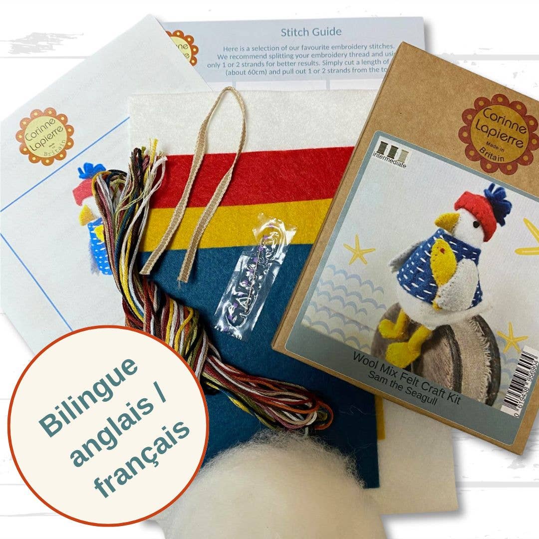 Craft kit with felt pieces, thread, and a pattern guide on a white background
