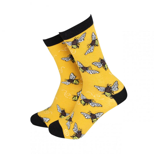 Bee-patterned women's bamboo socks in bright yellow, featuring funky designs for ultimate comfort and style.