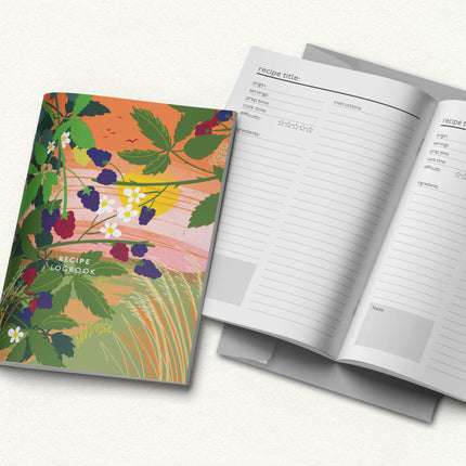 Floral design recipe book with open pages on a white background