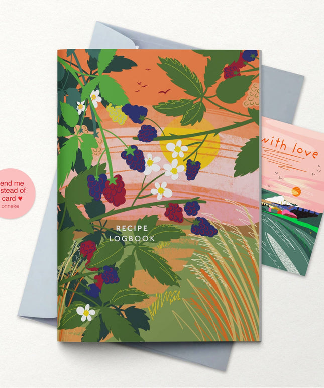 Floral design recipe logbook with a pink card on a white background