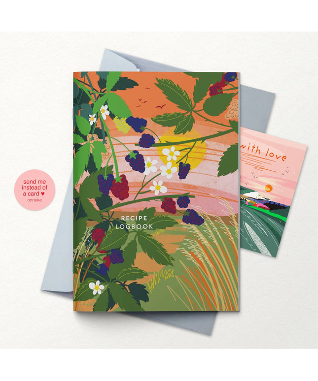 Floral design recipe logbook with a pink card on a white background
