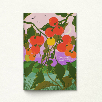 Recipe logbook with tomato design on a white background
