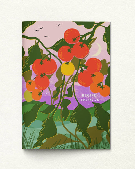 Recipe logbook with tomato design on a white background
