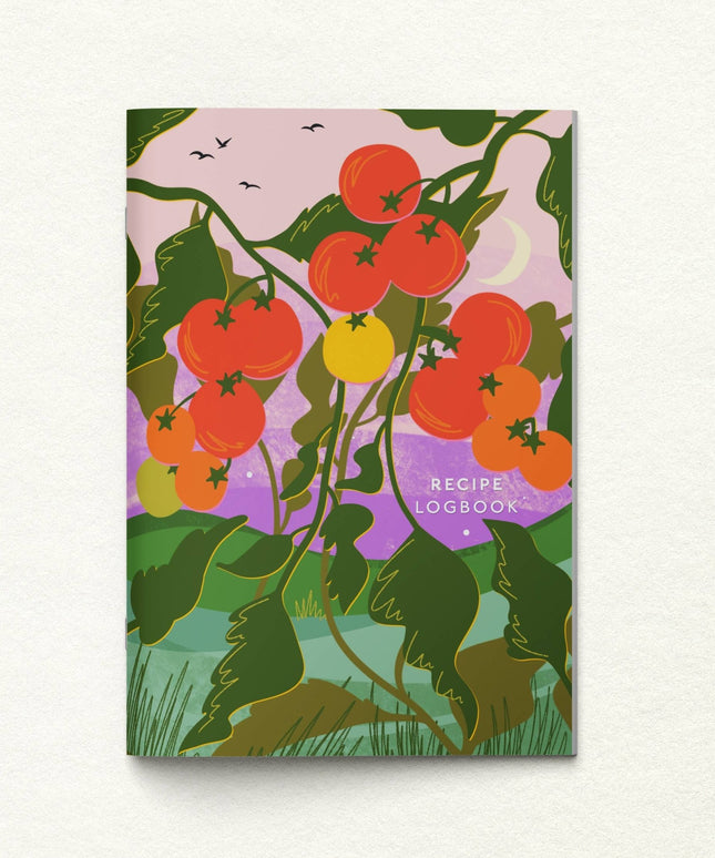 Recipe logbook with tomato design on a white background