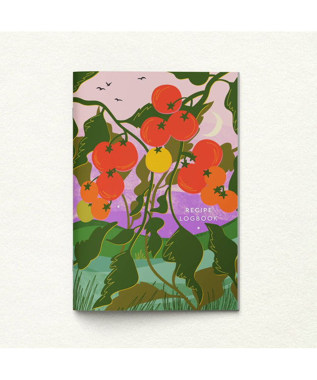 Recipe logbook with tomato design on a white background