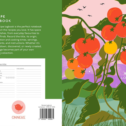 Recipe logbook with tomato illustration on a green background