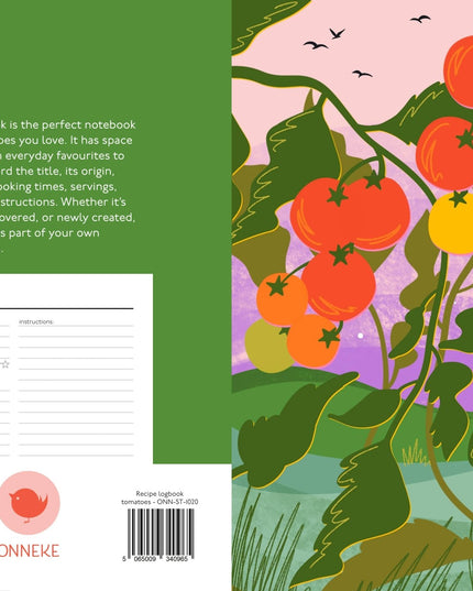 Recipe logbook with tomato illustration on a green background