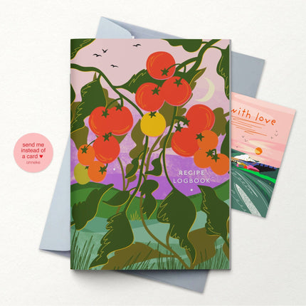 Recipe logbook with tomato design on a white background