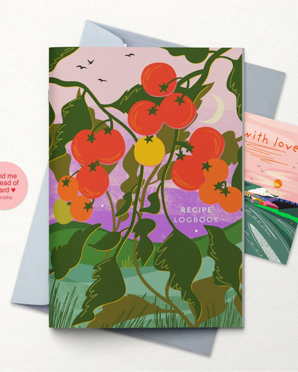 Recipe logbook with tomato design on a white background