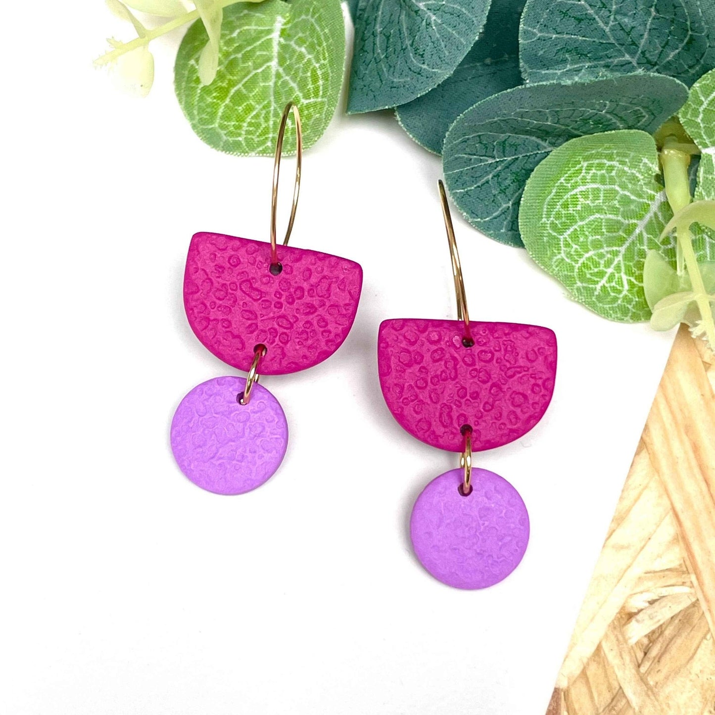 Hot Pink Colour Block Hoop Earrings - Polymer Clay - The Red Squirrel