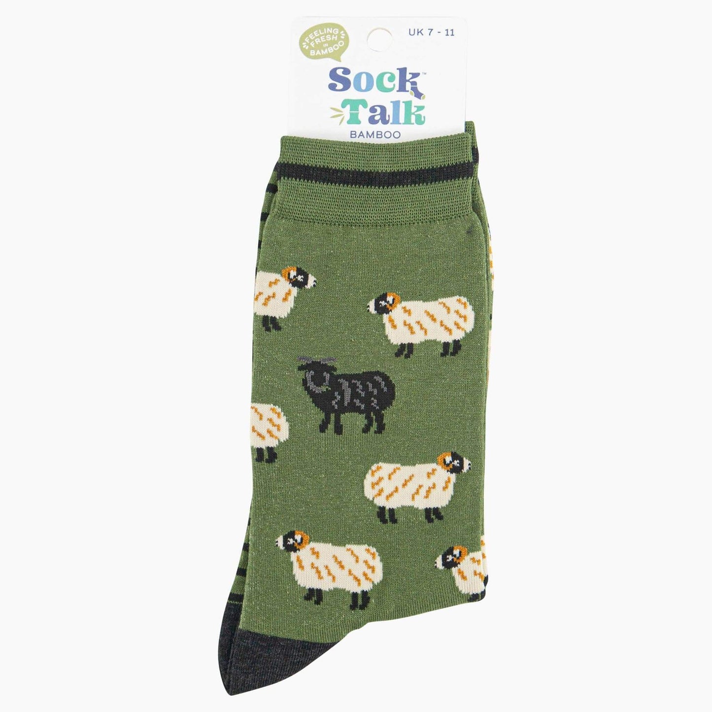 Green sock with sheep pattern on a white background, featuring 'Sock Talk' branding.