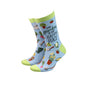 Colorful socks with gardening-themed design and text on a white background
