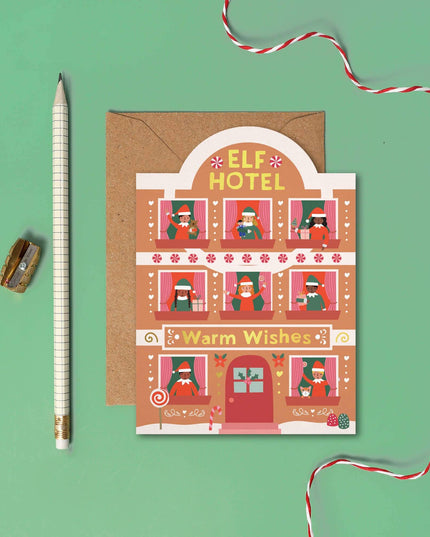 Elf Hotel Gingerbread Christmas Card - Seasonal Card
