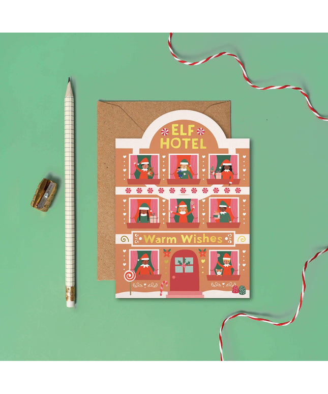 Elf Hotel Gingerbread Christmas Card - Seasonal Card