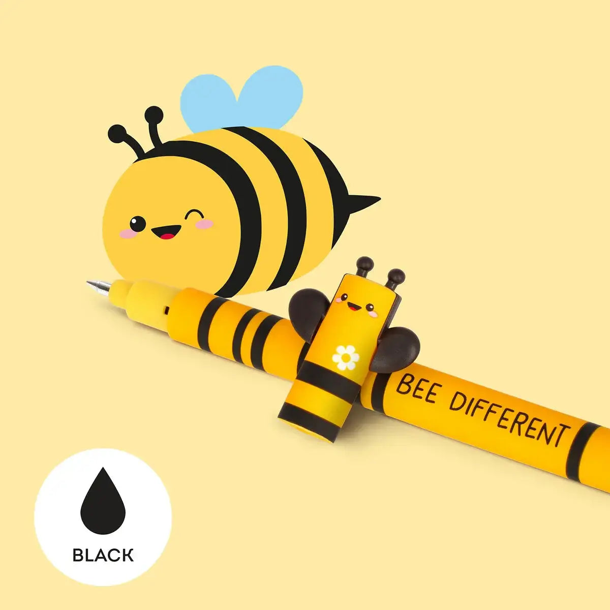 Cute bee-shaped pen with a yellow body and black stripes on a beige background.