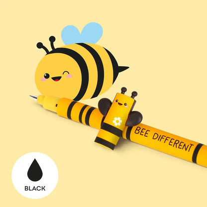 Cute bee-shaped pen with a yellow body and black stripes on a beige background.