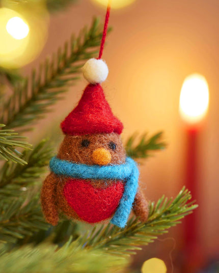 Set of 5 Hanging Felt Robin Christmas Decorations