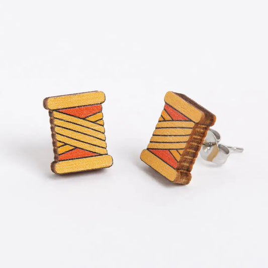 Bobbin Wooden Earrings - Embroidery Jewellery - Orange