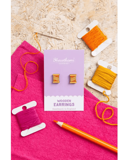 Bobbin Wooden Earrings - Embroidery themed Jewellery