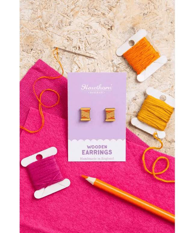 Bobbin Wooden Earrings - Embroidery themed Jewellery