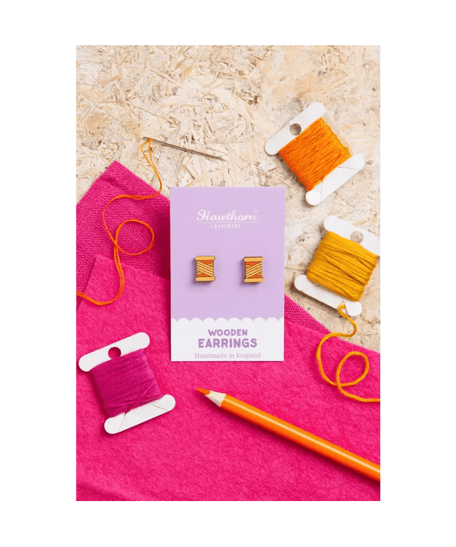 Bobbin Wooden Earrings - Embroidery themed Jewellery