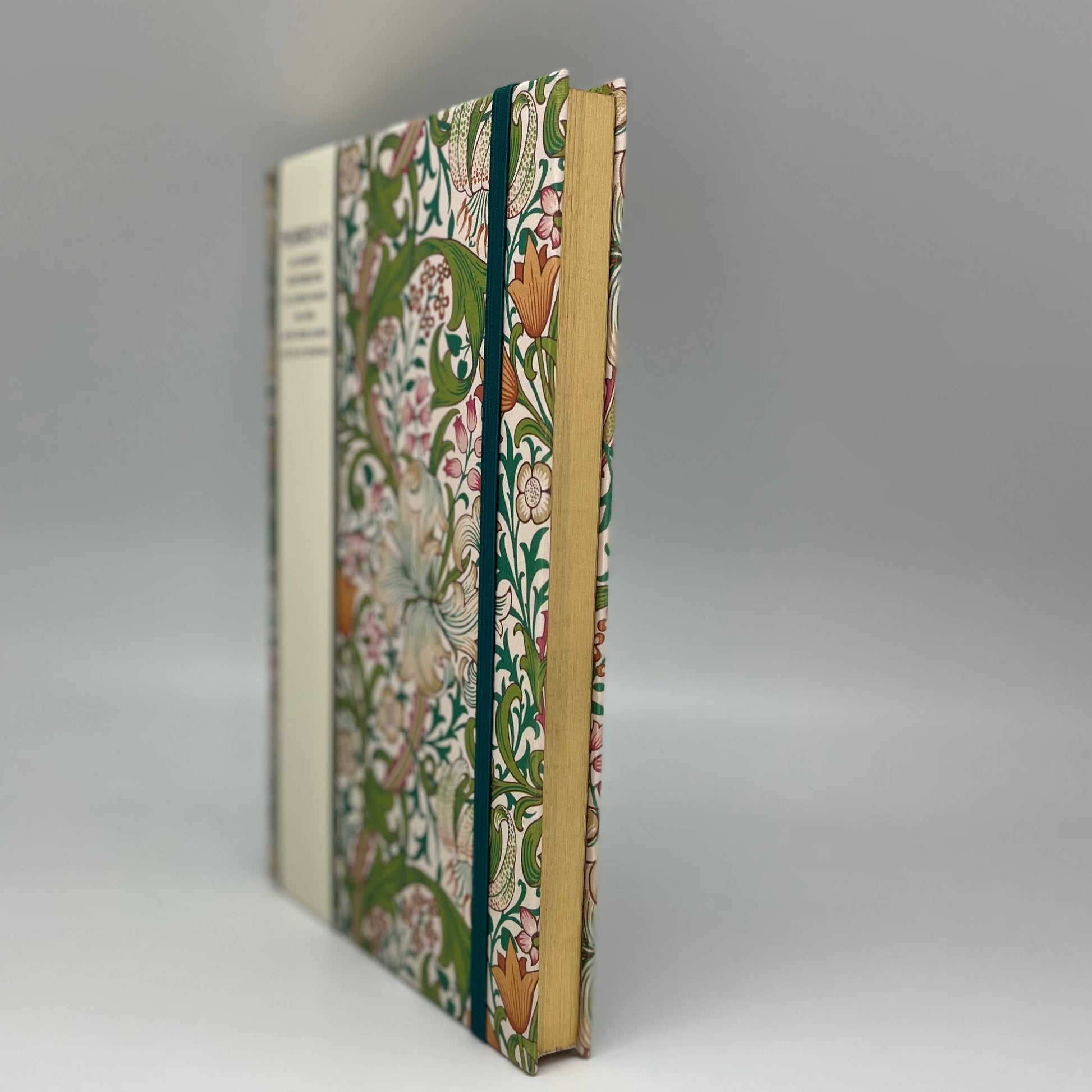 Floral-patterned notebook with a plain cover on a gray background
