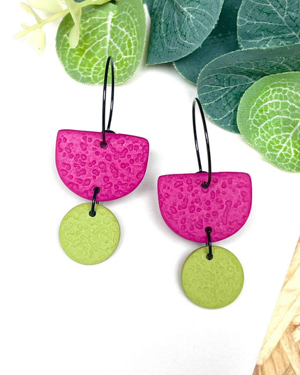 Hot Pink Colour Block Hoop Earrings - Polymer Clay