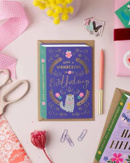 Cat Book Cover Birthday Card | Luxury Gold Foil Card