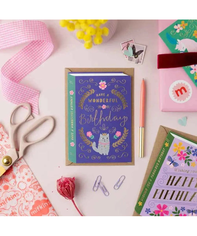 Cat Book Cover Birthday Card | Luxury Gold Foil Card