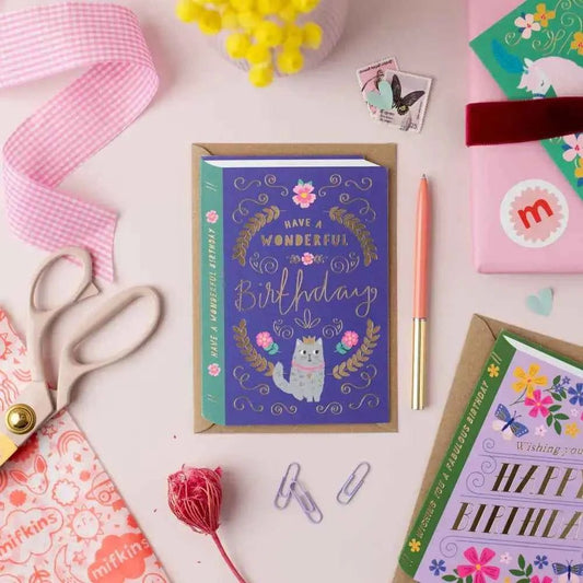 Cat Book Cover Birthday Card | Luxury Gold Foil Card