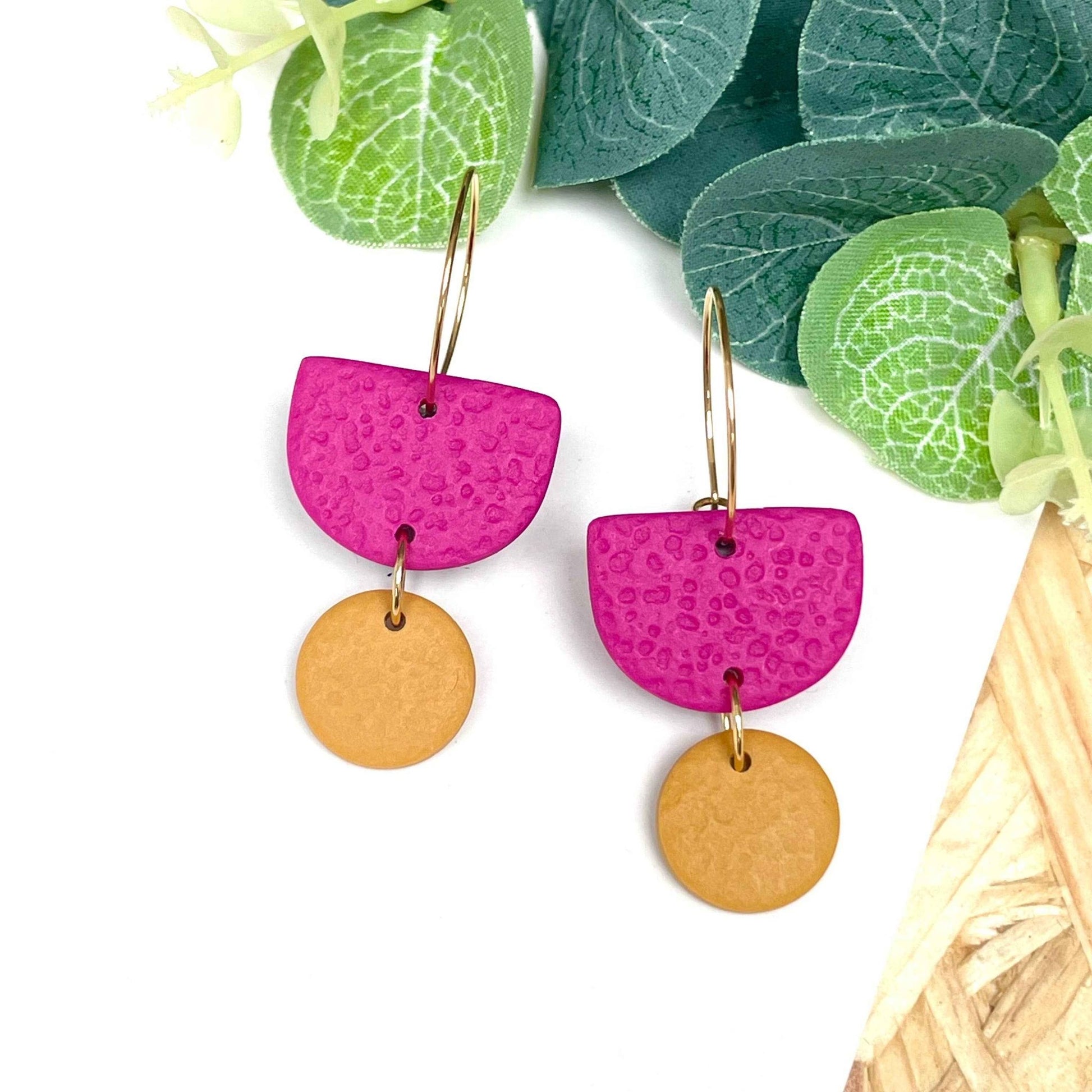 Hot Pink Colour Block Hoop Earrings - Polymer Clay - The Red Squirrel