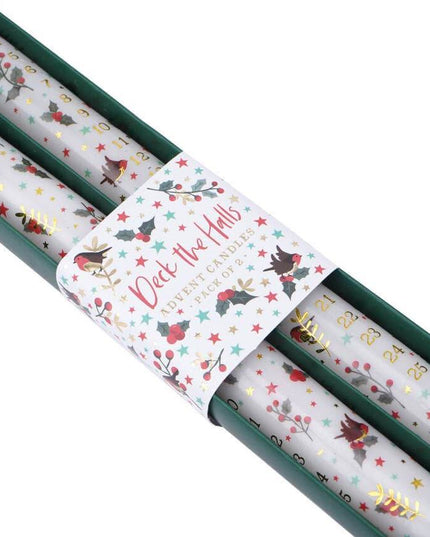 Advent Candles - Pack of 2 - Deck the Halls Robin themed Christmas Candles