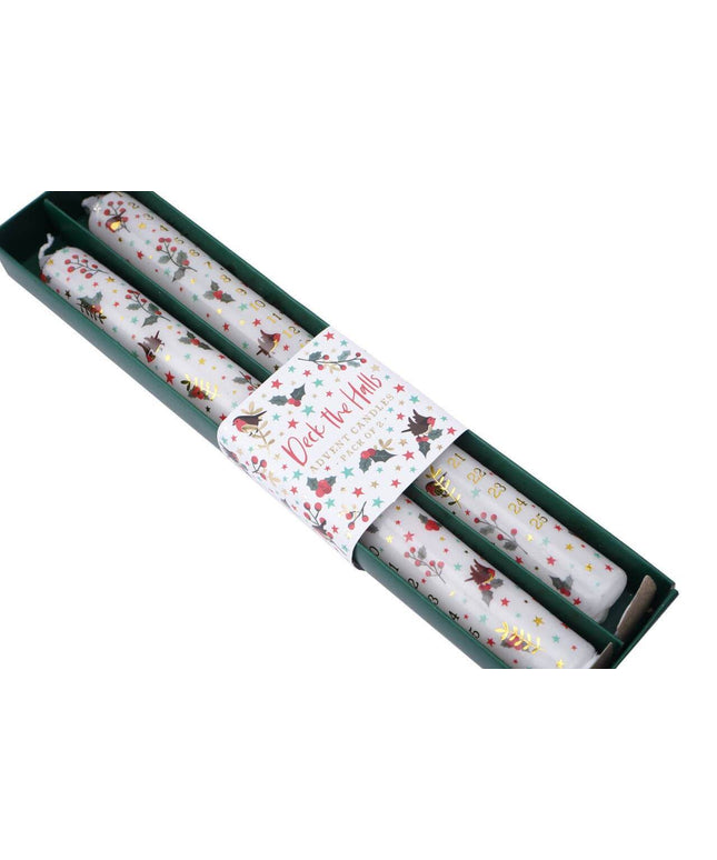 Advent Candles - Pack of 2 - Deck the Halls Robin themed Christmas Candles