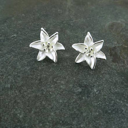 Lily Flower Clip On Earrings, Silver Plated