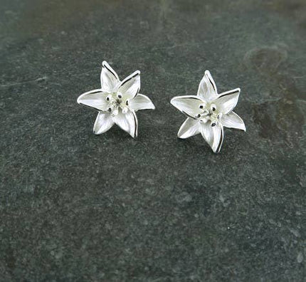 Lily Flower Clip On Earrings, Silver Plated