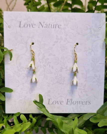 Snowdrop White Flower Gold Plated Drop Hook Earrings