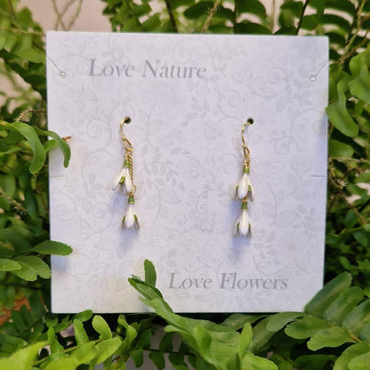 Snowdrop White Flower Gold Plated Drop Hook Earrings