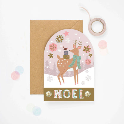 Christmas card with a deer holding a gift, surrounded by flowers and trees, on a white background.