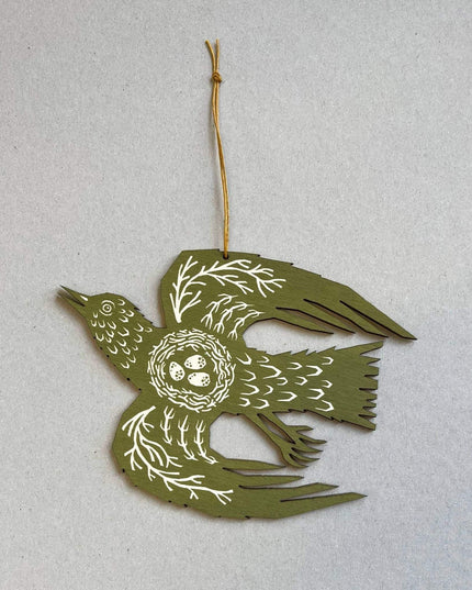Screenprinted Wooden Decoration - Woodland Bird - Olive Green