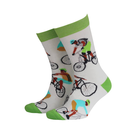 Pair of socks with bicycle-themed design on a white background