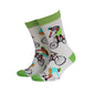 Pair of socks with bicycle-themed design on a white background