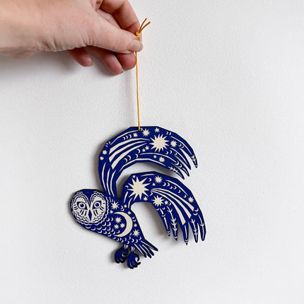 Screenprinted Wooden Decoration - Owl - Midnight Blue