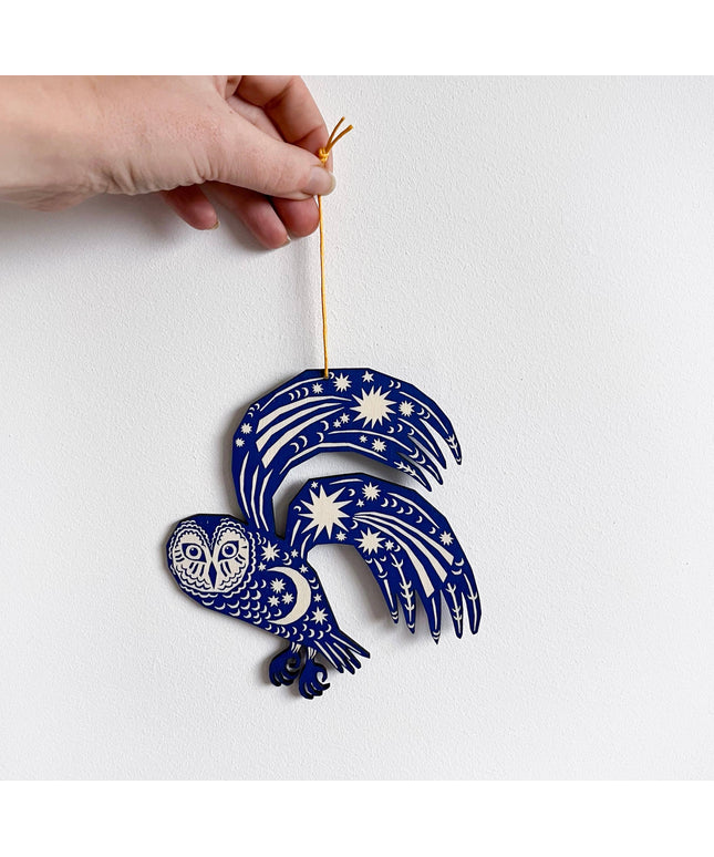 Screenprinted Wooden Decoration - Owl - Midnight Blue