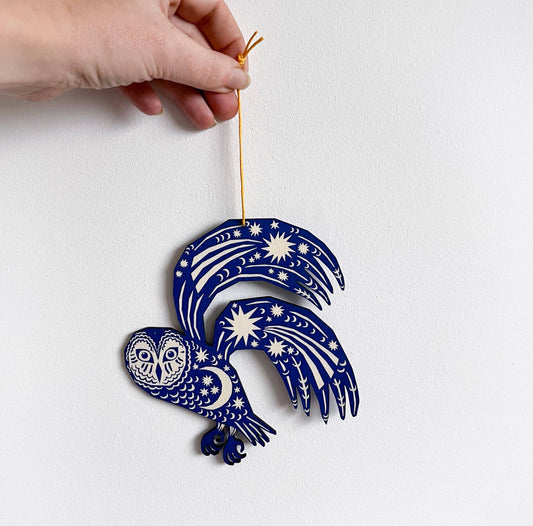 Screenprinted Wooden Decoration - Owl - Midnight Blue - The Red Squirrel
