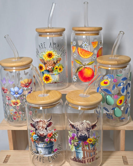 Decorated can glass with glass straw - The Red Squirrel