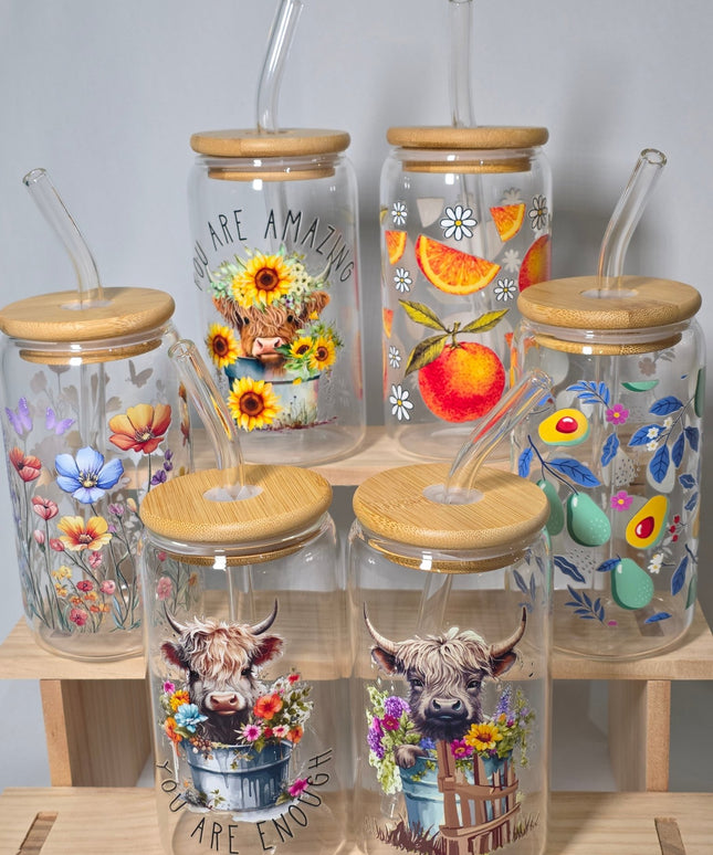 Decorated can glass with glass straw - The Red Squirrel