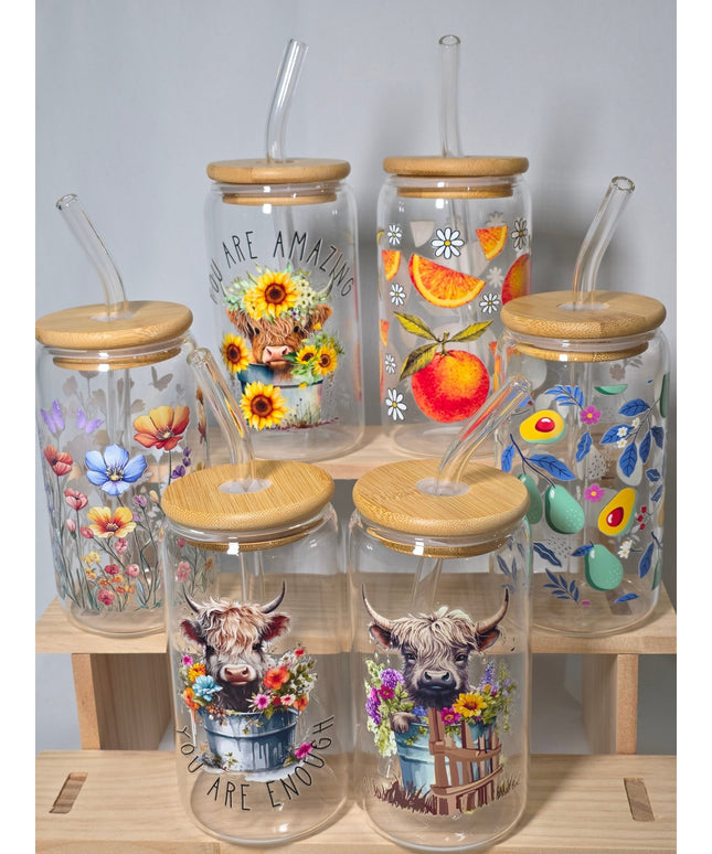 Decorated can glass with glass straw - The Red Squirrel