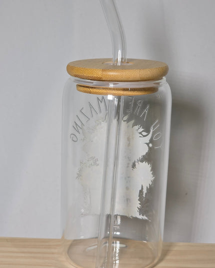 Decorated can glass with glass straw - The Red Squirrel