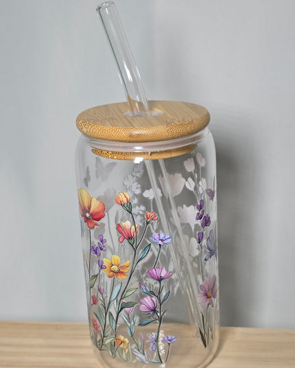 Decorated can glass with glass straw - The Red Squirrel