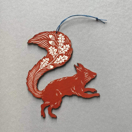 Screenprinted Wooden Decoration - Squirrel - Rusty Red